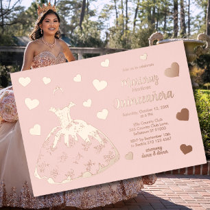 Coeurs or rose Quinceañera Invitation
