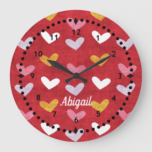 Cœurs pastel sur horloge murale rouge (Recto)