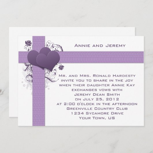 Coeurs pourpres sur Faire-part de mariage Damask S (Devant / Derrière)