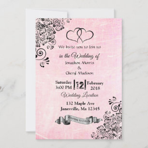 Coeurs rose et noir Invitations de mariage