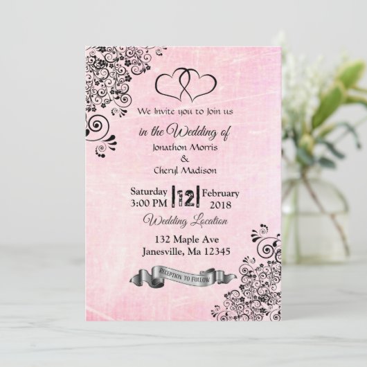 Coeurs rose et noir Invitations de mariage (Debout devant)