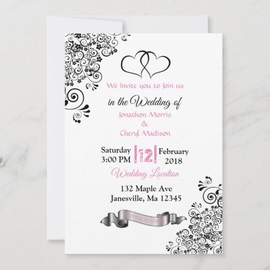 Coeurs rose, noir et blanc Invitations de mariage (Devant)