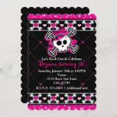 Coeurs roses, crâne et Crossbones Invitations (Devant / Derrière)