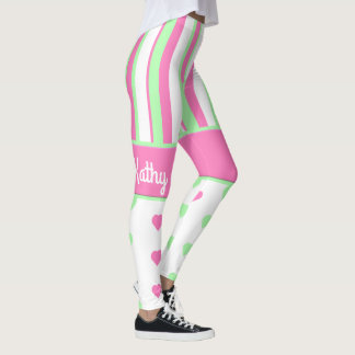 Coeurs roses et vertes et rayures Leggings