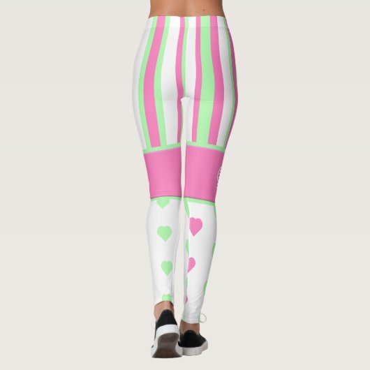 Coeurs roses et vertes et rayures Leggings (Dos)