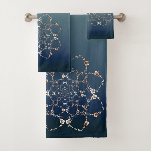 Coeurs roses sur le linge de toilette bleu dégrada (En situation)