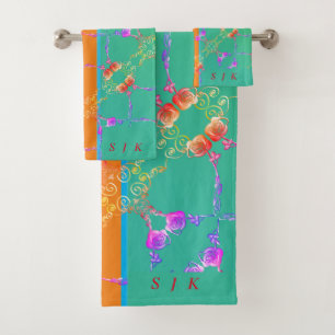 Coeurs roses sur Turquoise, Apricot, Serviette de