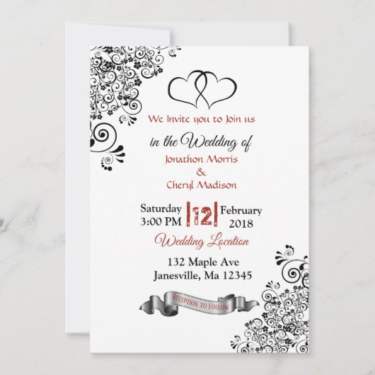 Coeurs rouge, noir et blanc Invitations de mariage (Devant)