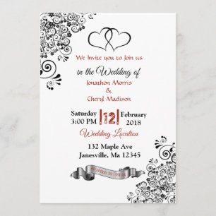 Coeurs rouge, noir et blanc Invitations de mariage