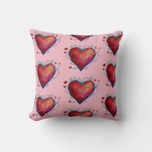 Coeurs rouges Aquarelle Art Jeter Coussin
