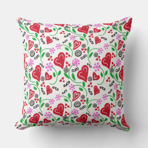 Coeurs rouges Fleurs roses Jeter Oreiller