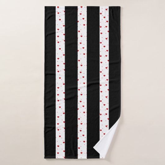 Coeurs rouges rayures verticales noir et blanc (Serviette de bain)