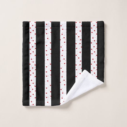 Coeurs rouges rayures verticales noir et blanc (Gant de toilette)