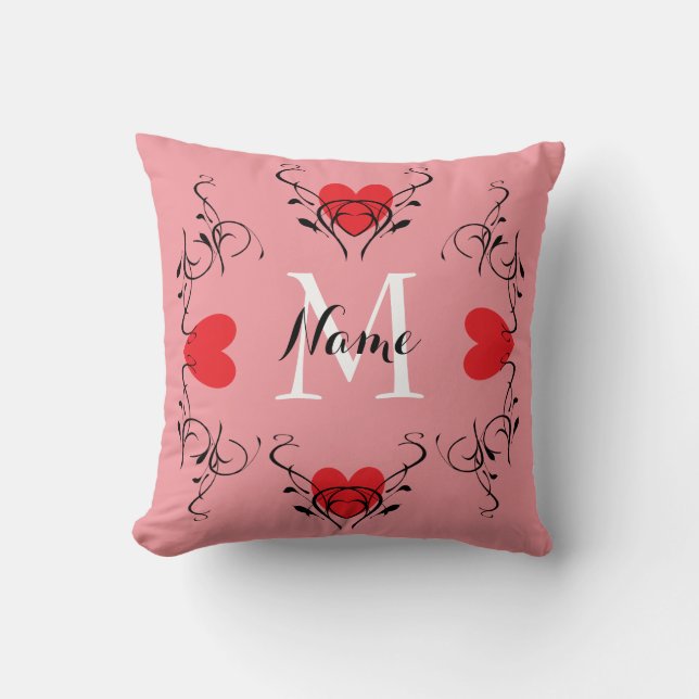 Coeurs rouges sur Coussin rose HAMbyWG (Recto)