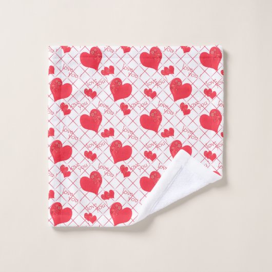 Coeurs rouges, texte, "aime-toi", rouge et blanc, (Gant de toilette)