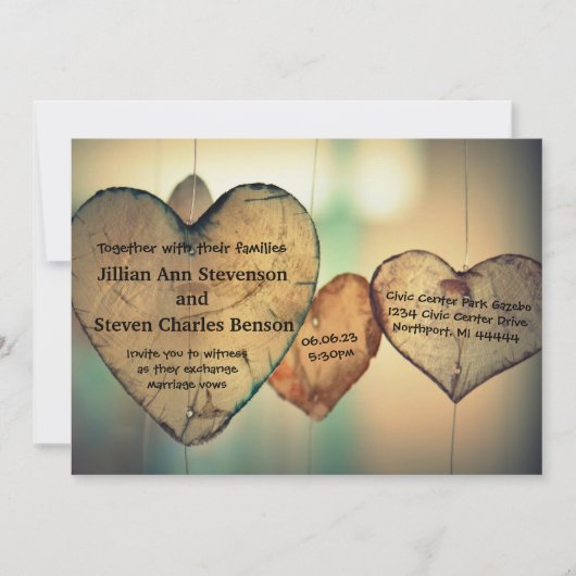 Coeurs rustiques en bois - Faire-part de mariage (Devant)