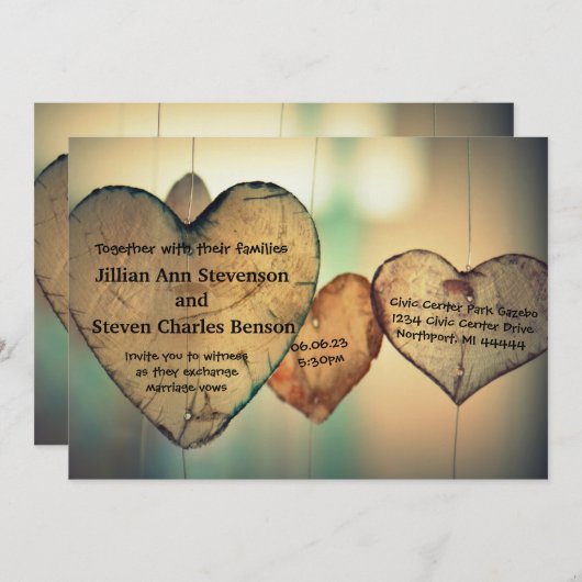 Coeurs rustiques en bois - Faire-part de mariage (Devant / Derrière)