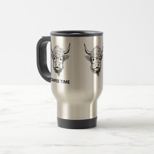 Coffe Highland Koe met bril Fun Monochrome Reisbeker (Voorkant links)