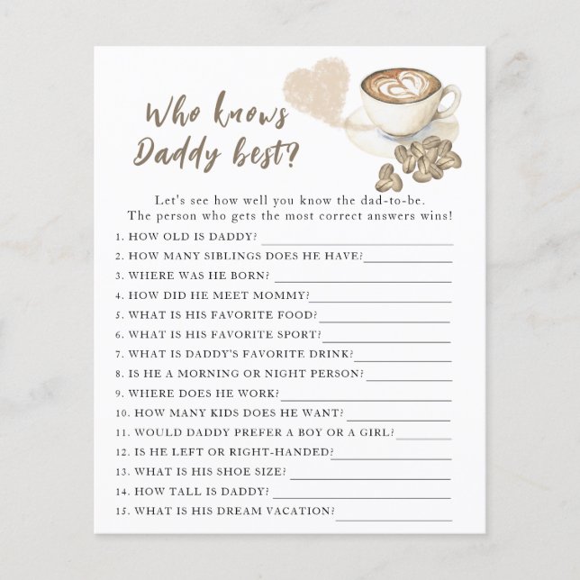 Coffee baby shower - Game Wie kent papa het beste (Voorkant)