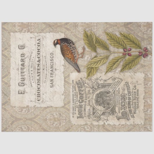 Coffee Beans Ephemera Bird Masculine Tan Decoupage Tissuepapier (Voorkant)
