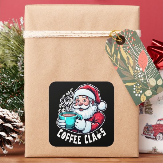 Coffee Claus Santa Hot Drink Vierkante Sticker (Feestdagen)