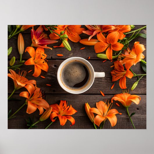 Coffee cup surrounded by vibrant orange flowers poster (Voorkant)