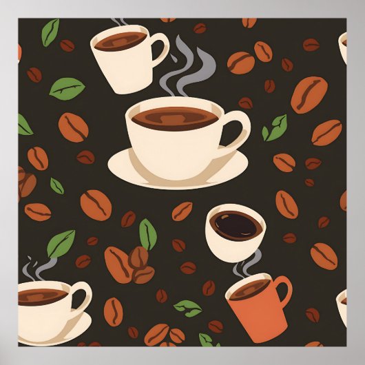 Coffee Cups Beans Morning Pattern Poster (Voorkant)