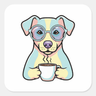 Coffee Dog with Glasses – Cute Whimsical Illustrat Vierkante Sticker