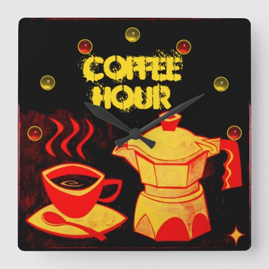 COFFEE HOUR /Red Yellow Coffee cup and kluis Vierkante Klok (Voorkant)