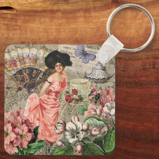 Coffee Lady Victoriaans Vrouw Roze Classy Sleutelhanger (Achterkant)