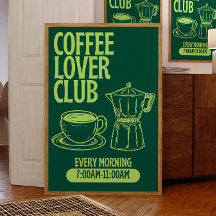 Coffee Lover Club Print, Retro Krijtbord Stijl
