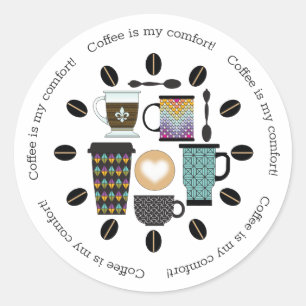 Coffee Lovers Mugs, Cups & Beans Patroon Ronde Sticker