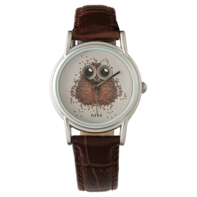 Coffee Owl aangepaste monogram horloges (Voorkant)