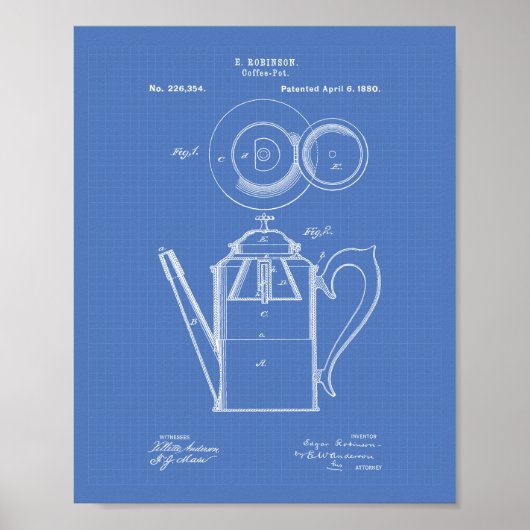 Coffee Pot 1880 Patent Art Blueprint Poster (Voorkant)
