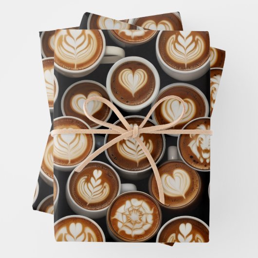 Coffee Themed Wrapping Paper Flat Sheet Set of 3 (In situ)