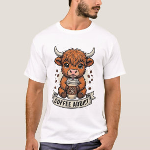 Coffeverslaafde Schattige Hoogland Koe Oude Gravur T-shirt