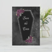 Coffin Black Grey Rozen Sparkle Halloween Save The Date (Staand voorkant)