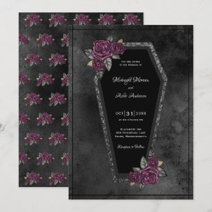 Coffin Black Grey Rozen Sparkle Halloween Wedding Kaart