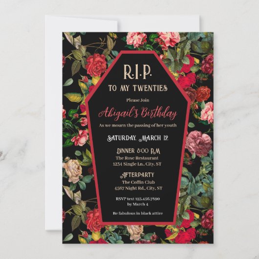 Coffin & Rozen R.I.P Verjaardagsfeestuitnodiging Kaart (Voorkant)