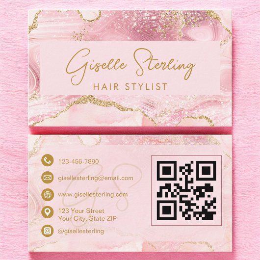 Coiffeur Luxe Carte de Visite Rose Pâle Agate Or C