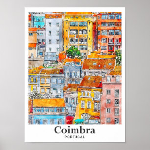 Coimbra Portugal Travel Waterverf Hand getekend Poster