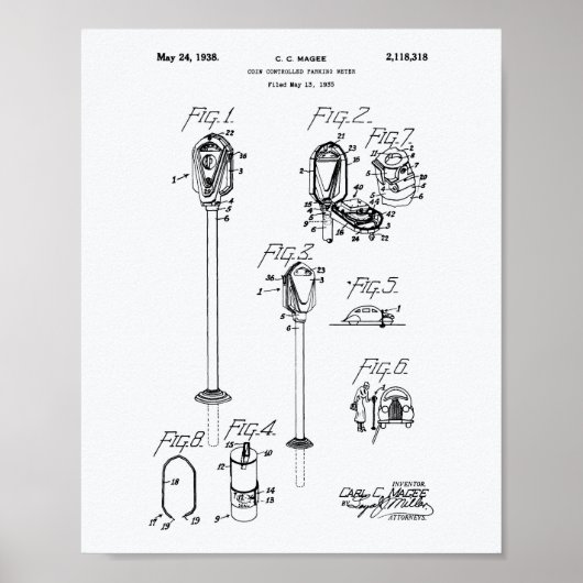 Coin Parking Meter 1938 Whitepaper over patenten Poster (Voorkant)