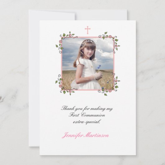 Coins floraux roses, Merci photo de la communion (Devant)