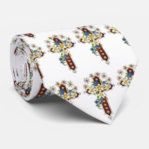Col avec cravate croix et fleurs