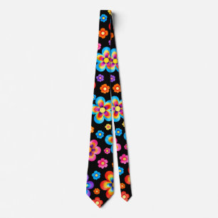 Col cravate à motif fleurs arc-en-ciel noir rétro