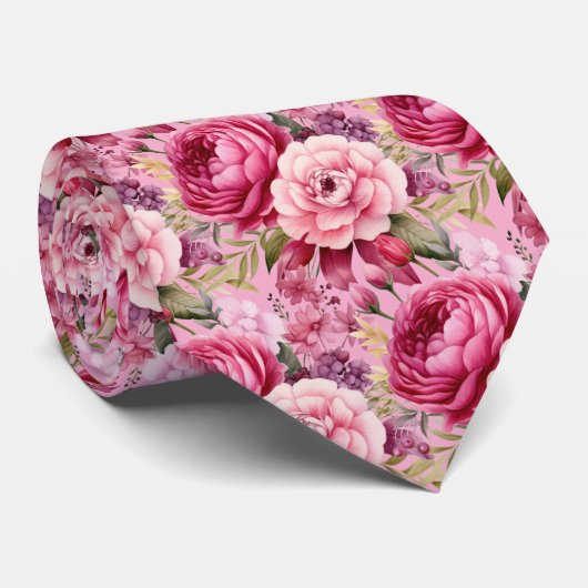 Col cravate aquarelle florale rose vif (Roulé)