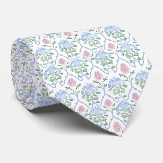Col cravate blanc floral rose bleu (Roulé)