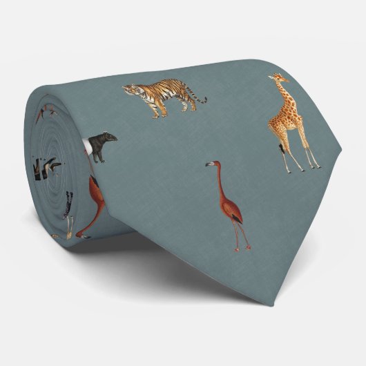 Col cravate bleu motif animaux de safari jungle (Roulé)