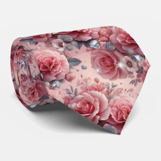 Col cravate de mariage de luxe | Roses roses et di (Roulé)