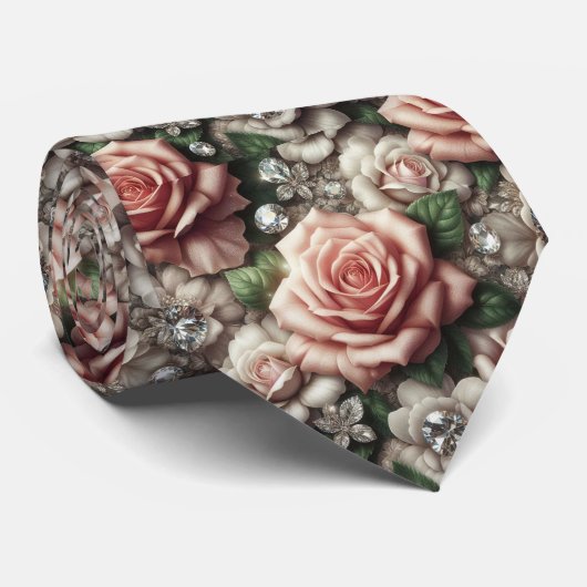 Col cravate de mariage de luxe | Roses roses et di (Roulé)